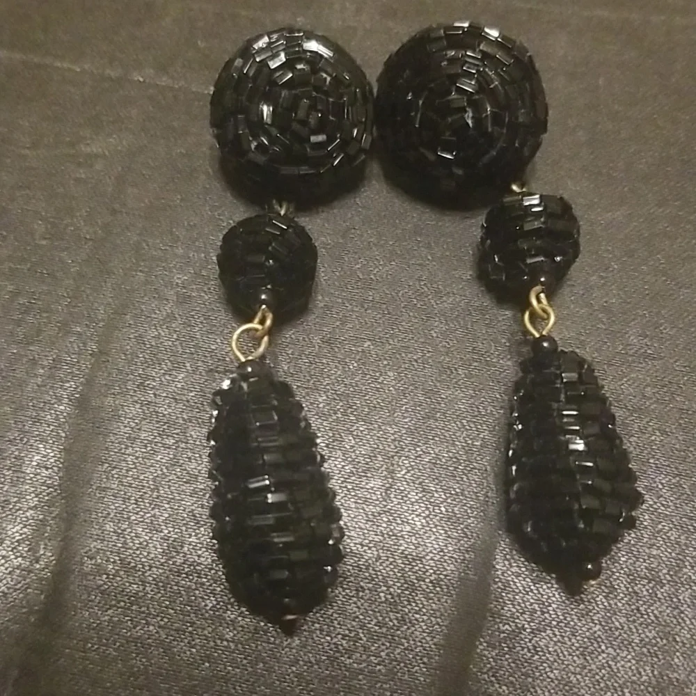 Vintage Black Beaded Dangle Earrings
